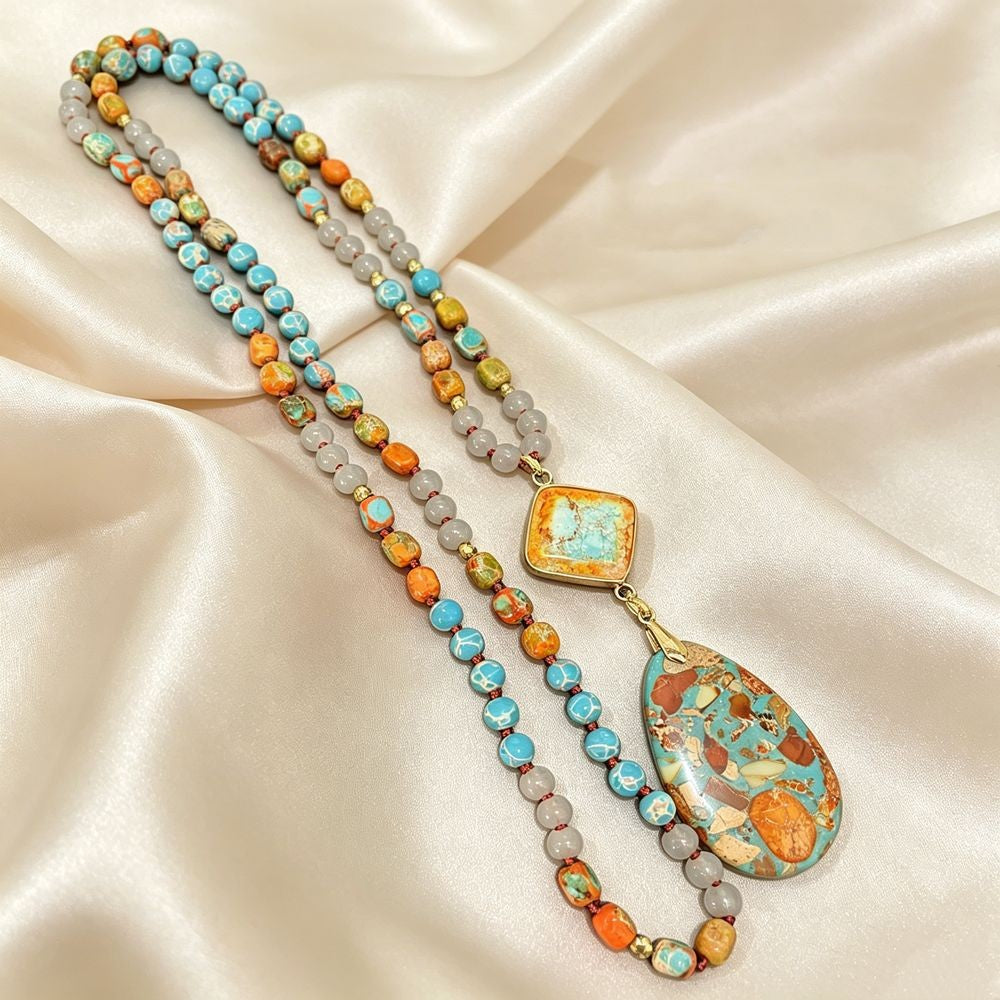 Multicolor Beaded Mosaic Pendant Necklace