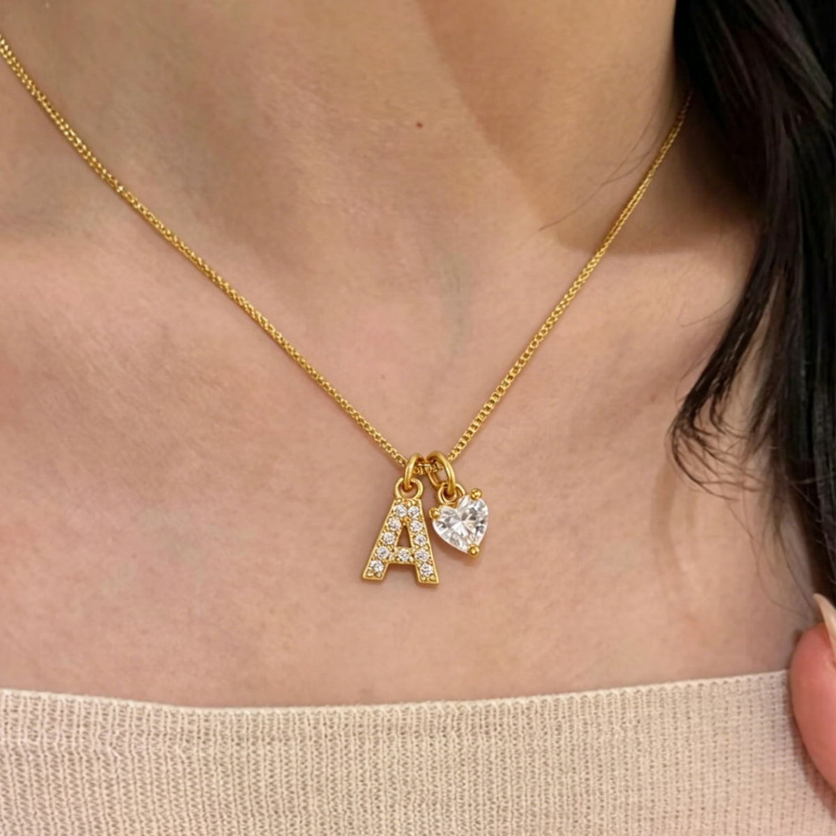 Crystal Initial & Heart Charm Necklace