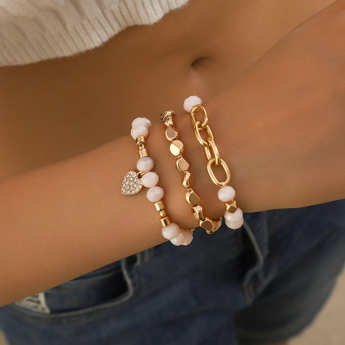 White Bead Heart Charm Bracelet Set