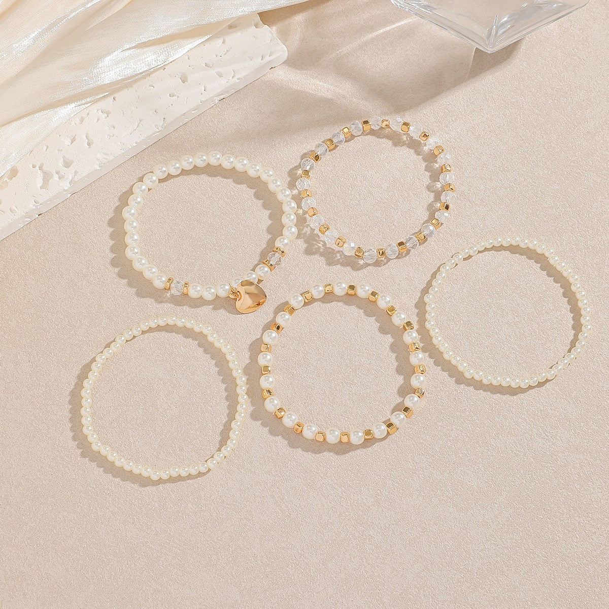 White Bead Heart Charm Bracelet Set