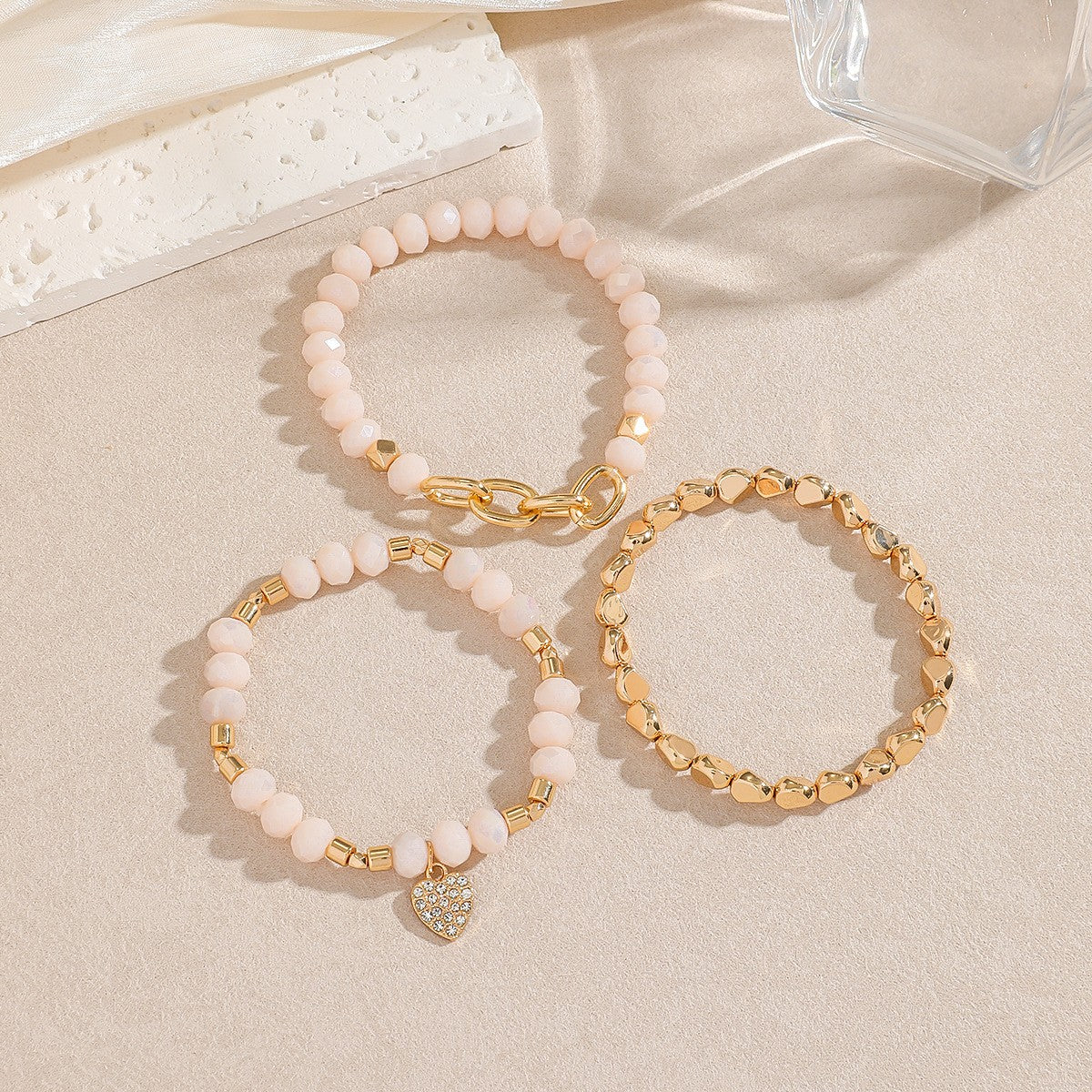 White Bead Heart Charm Bracelet Set