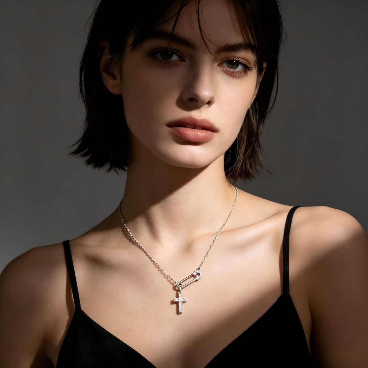 Crystal Cross Safety Pin Necklace