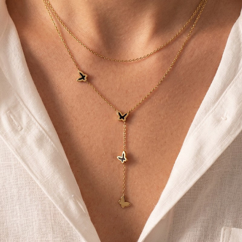 Black Enamel Butterfly Layered Necklace