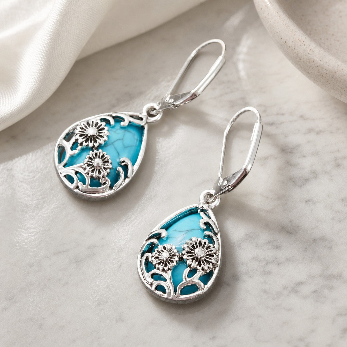 Blue Floral Filigree Teardrop Earrings