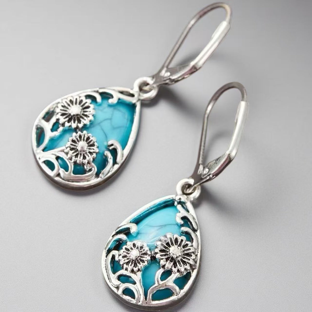 Blue Floral Filigree Teardrop Earrings