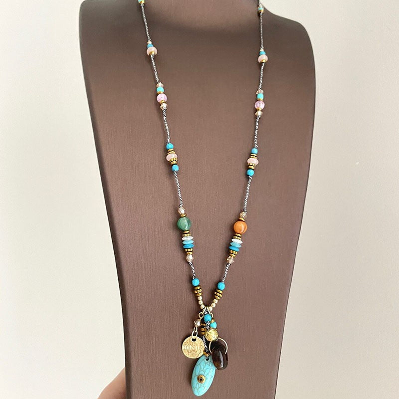 Turquoise Bead & Coin Charm Necklace