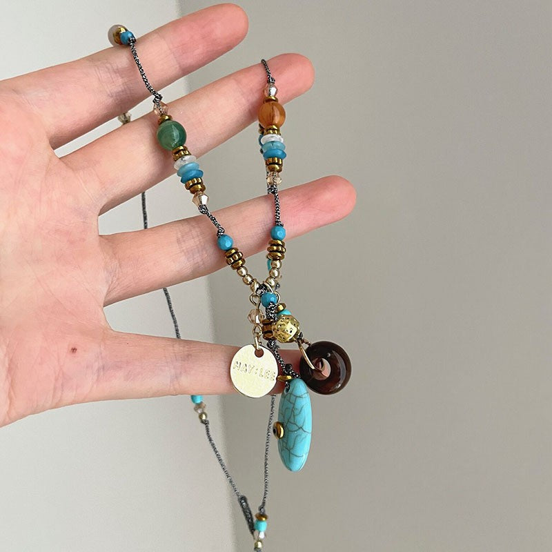 Turquoise Bead & Coin Charm Necklace