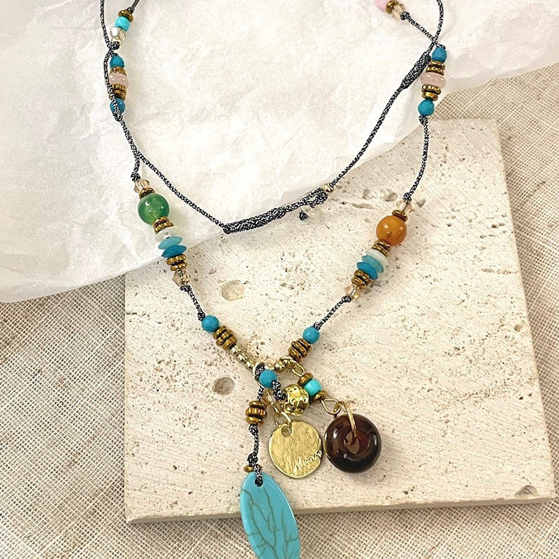 Turquoise Bead & Coin Charm Necklace