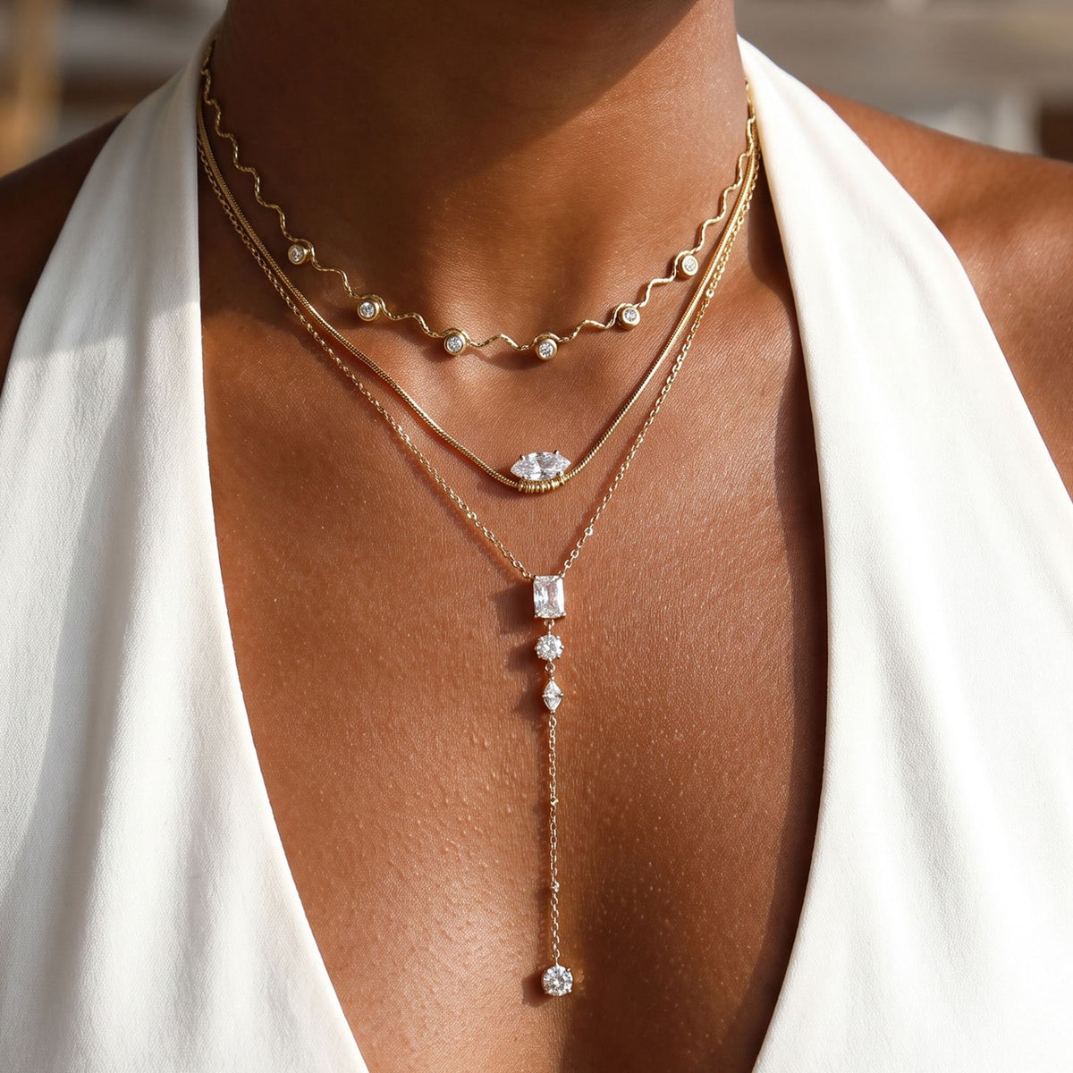 Wavy Crystal & Lariat Layered Necklace