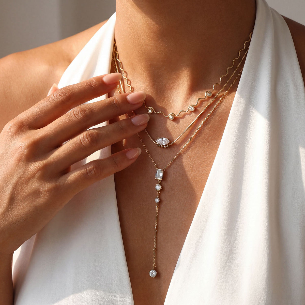 Wavy Crystal & Lariat Layered Necklace