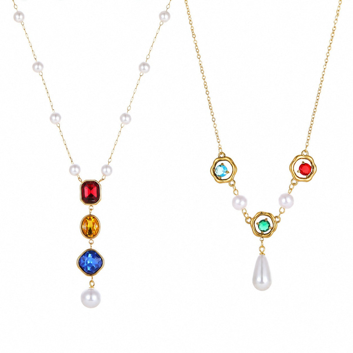 Colored Gemstone Pearl Y-Necklace