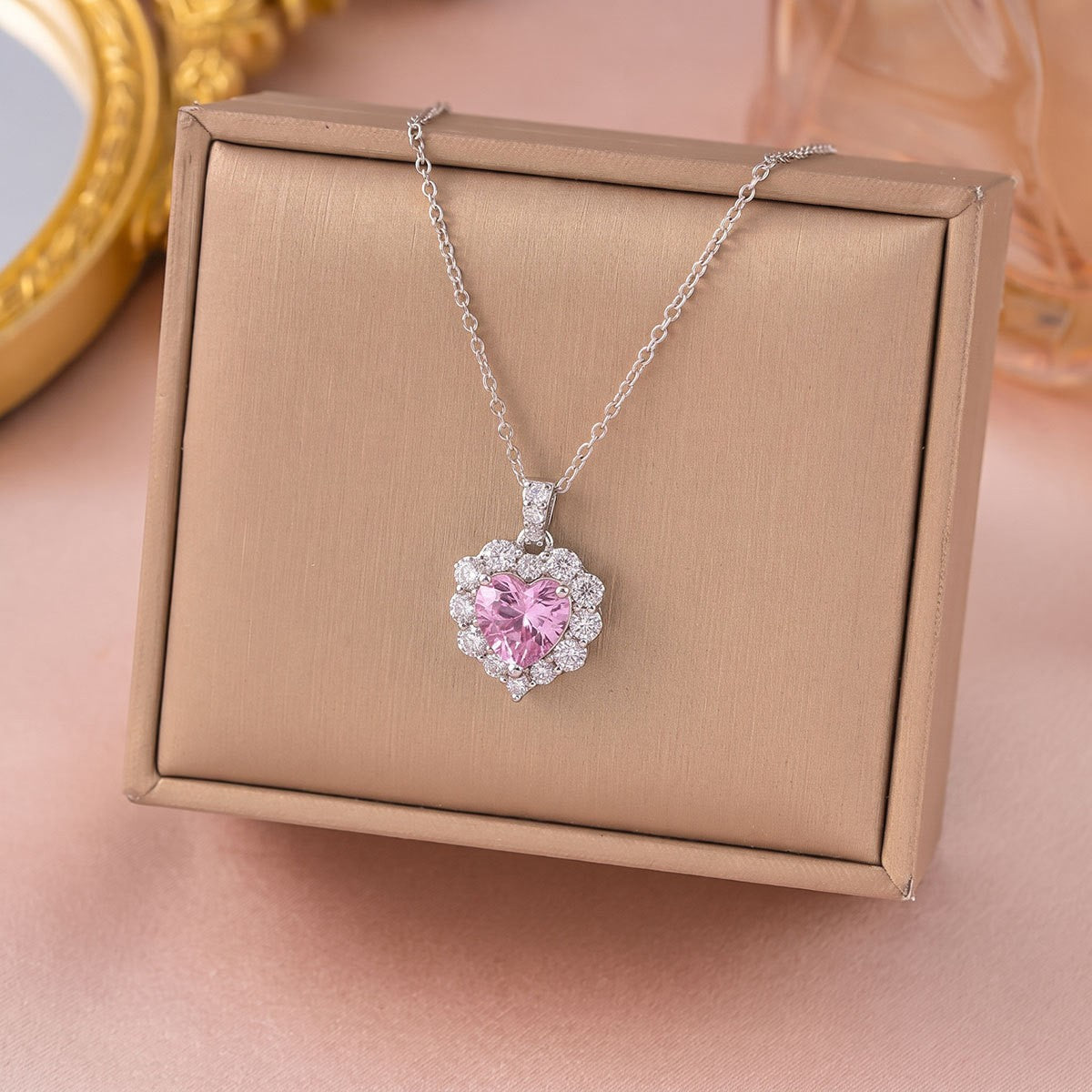 Pink Crystal Halo Heart Necklace