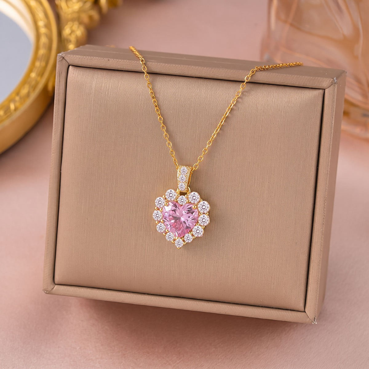 Pink Crystal Halo Heart Necklace