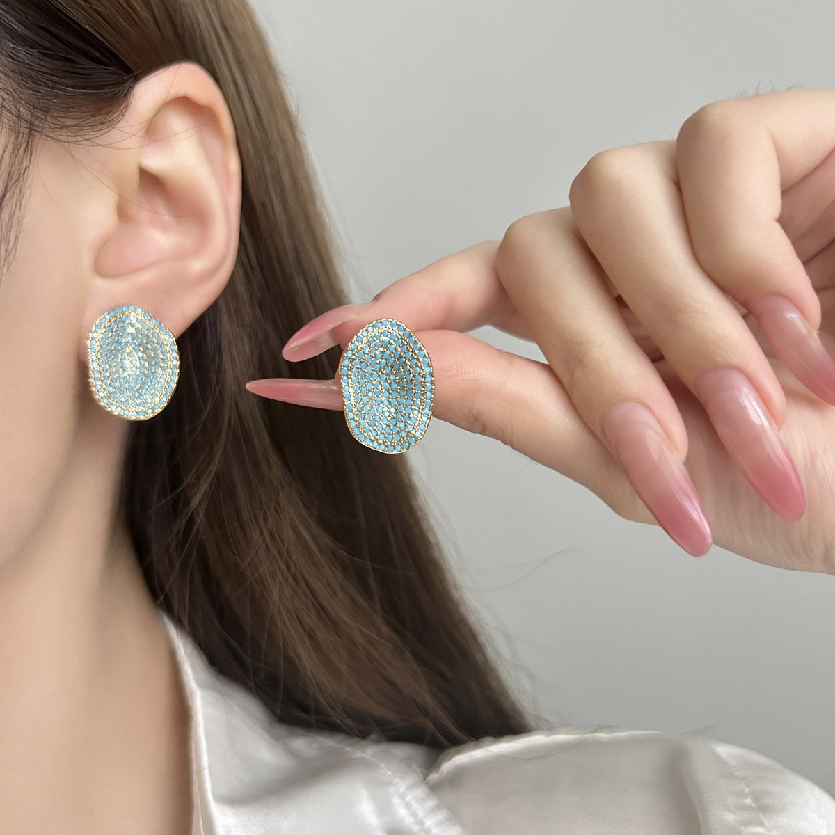 Turquoise Crystal Oval Stud Earrings