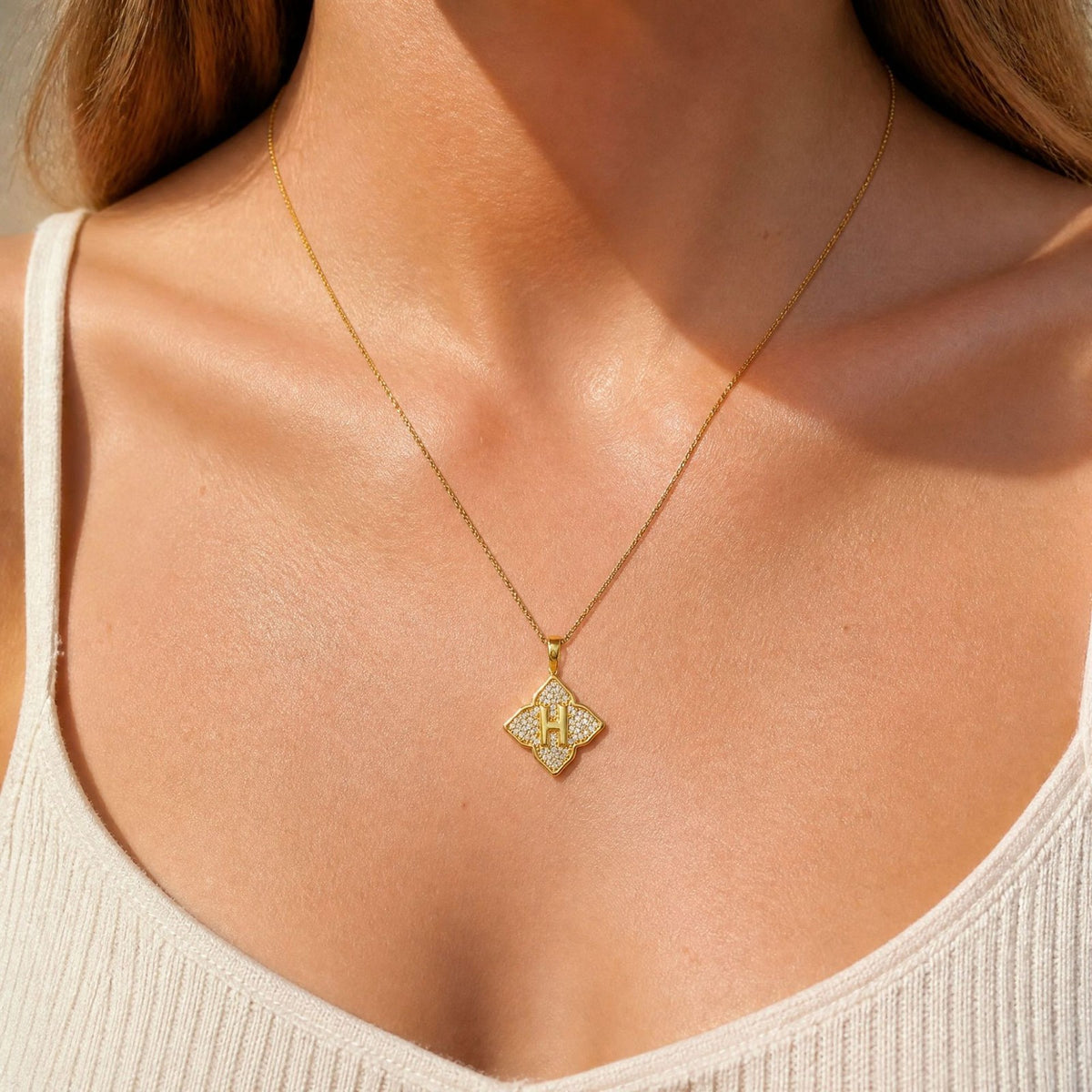 Crystal Initial Four-Pointed Star Necklace
