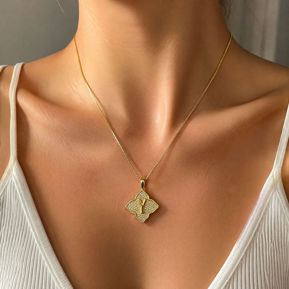 Crystal Initial Four-Pointed Star Necklace