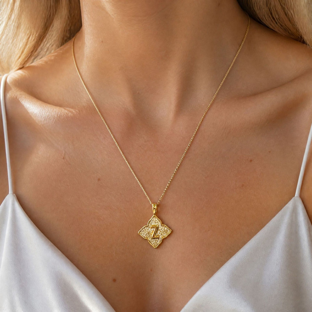 Crystal Initial Four-Pointed Star Necklace