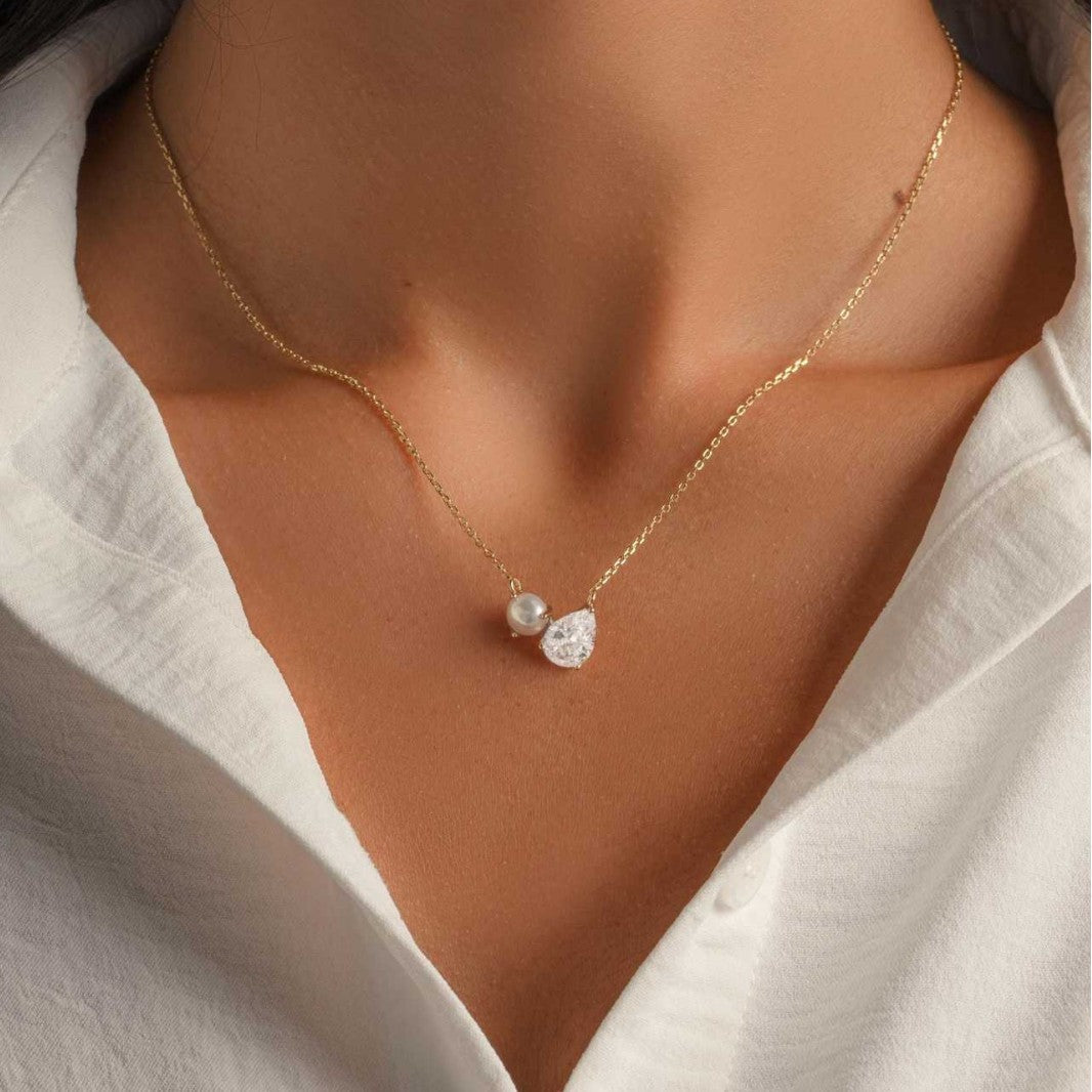 Pearl & Teardrop Crystal Duo Necklace Set