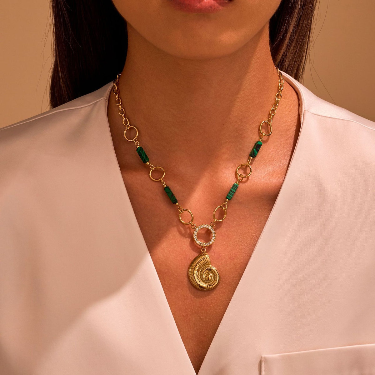 Green Bead Spiral Shell Necklace