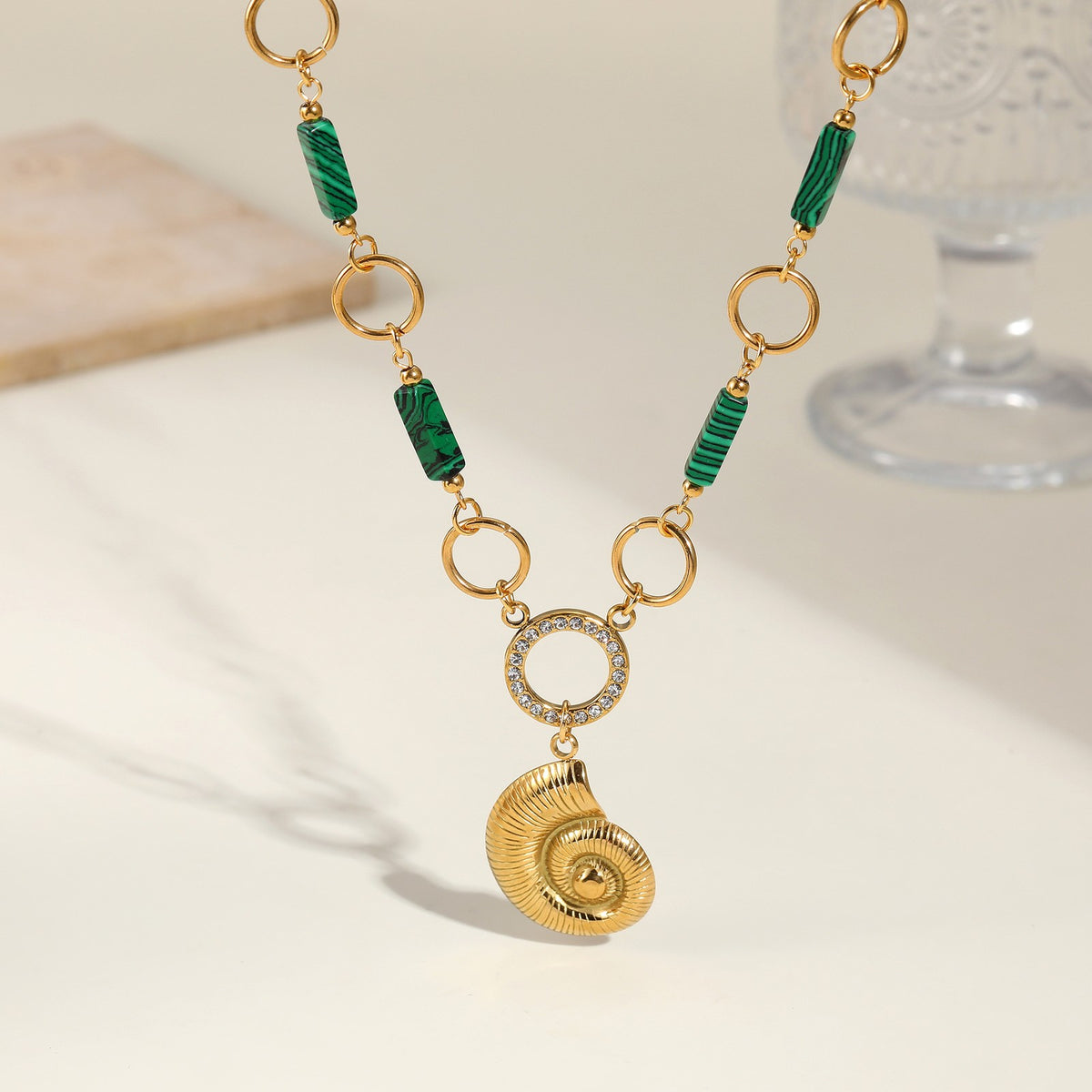 Green Bead Spiral Shell Necklace