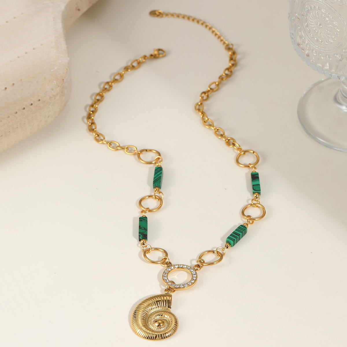 Green Bead Spiral Shell Necklace