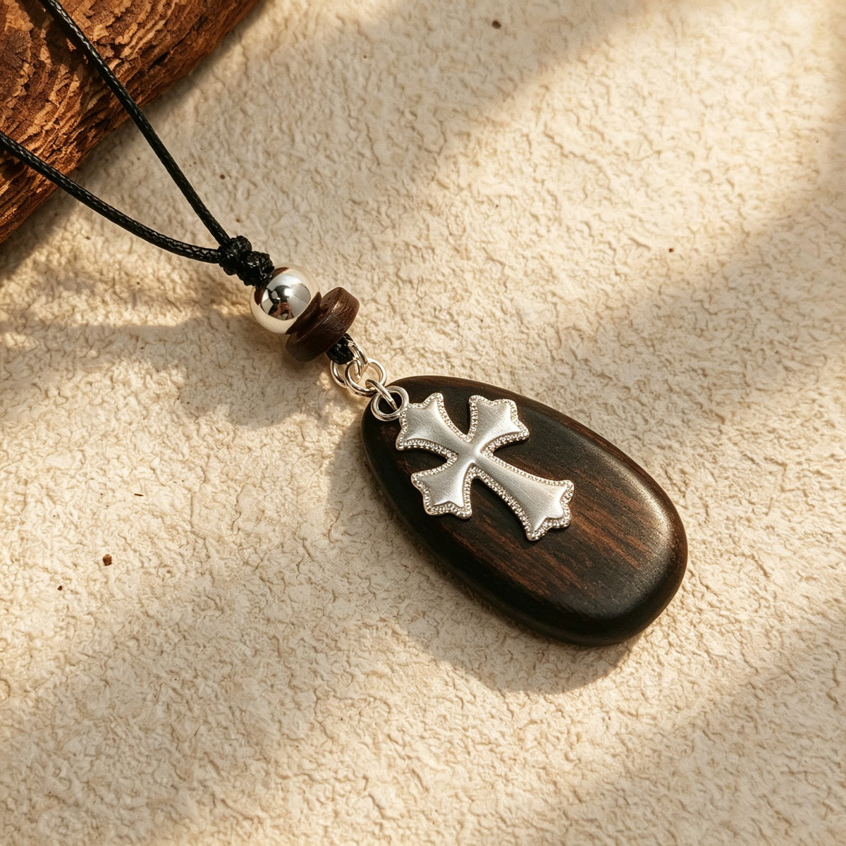Silver Cross Wood Oval Necklace