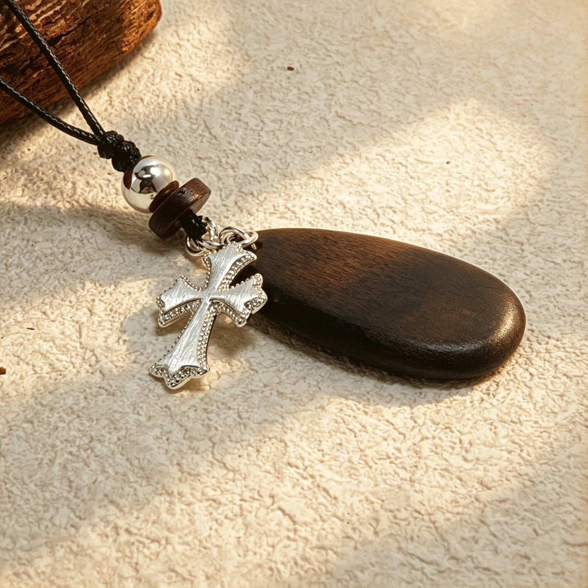 Silver Cross Wood Oval Necklace