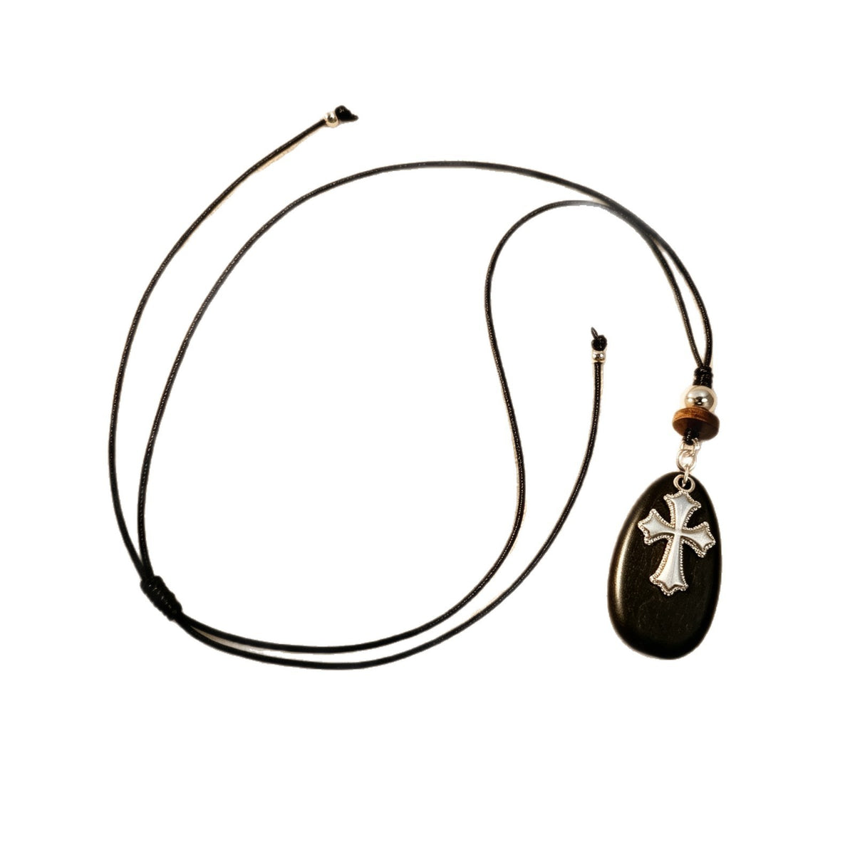 Silver Cross Wood Oval Necklace