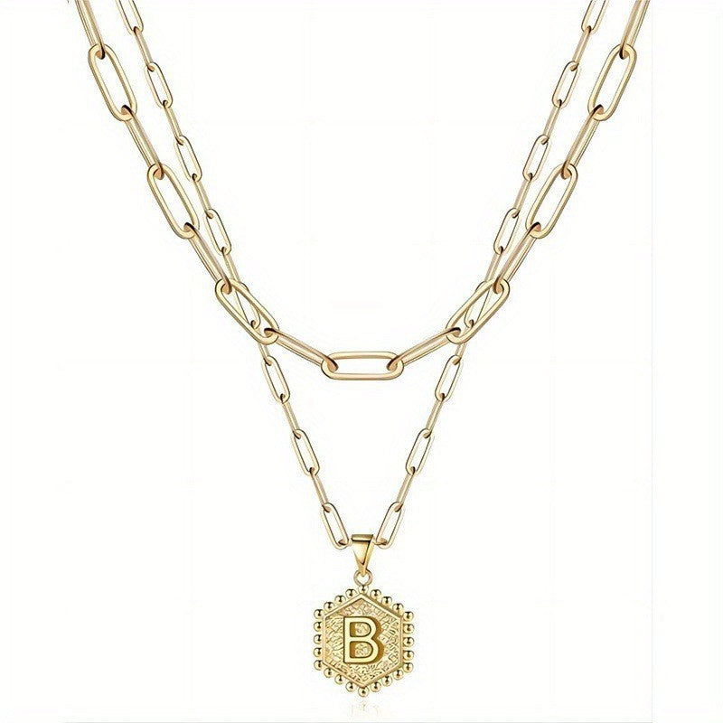 Hexagon Initial Paperclip Layered Necklace