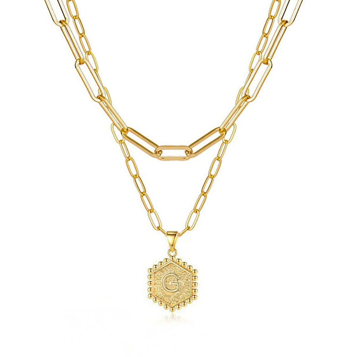 Hexagon Initial Paperclip Layered Necklace