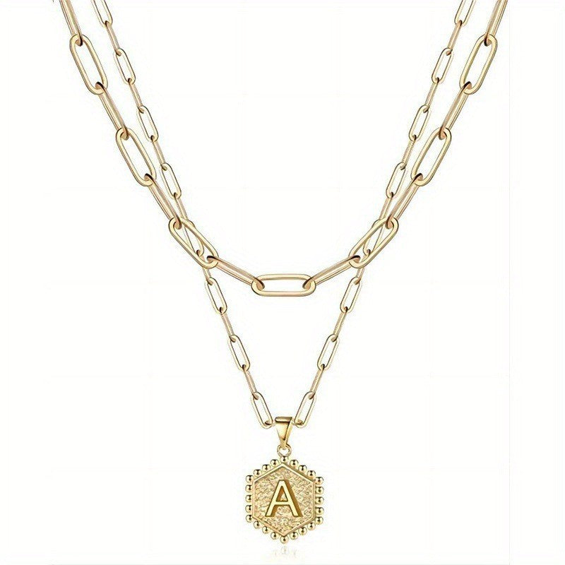 Hexagon Initial Paperclip Layered Necklace