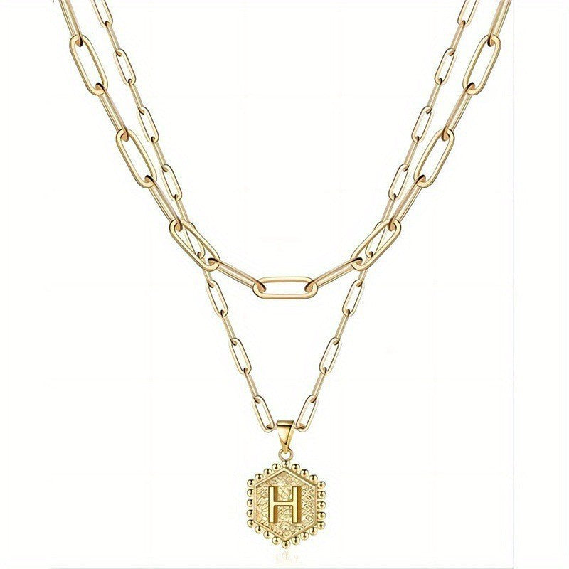 Hexagon Initial Paperclip Layered Necklace