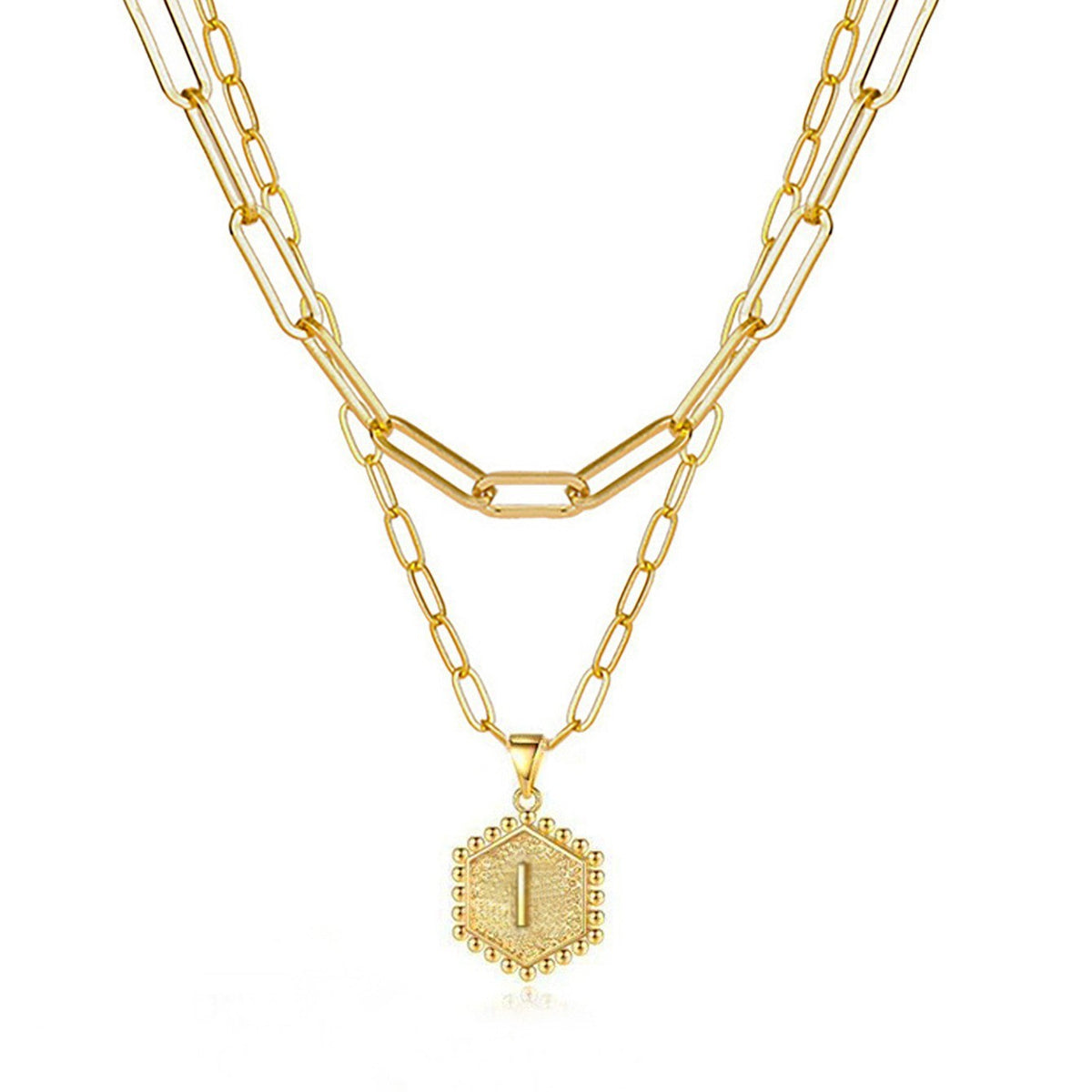 Hexagon Initial Paperclip Layered Necklace