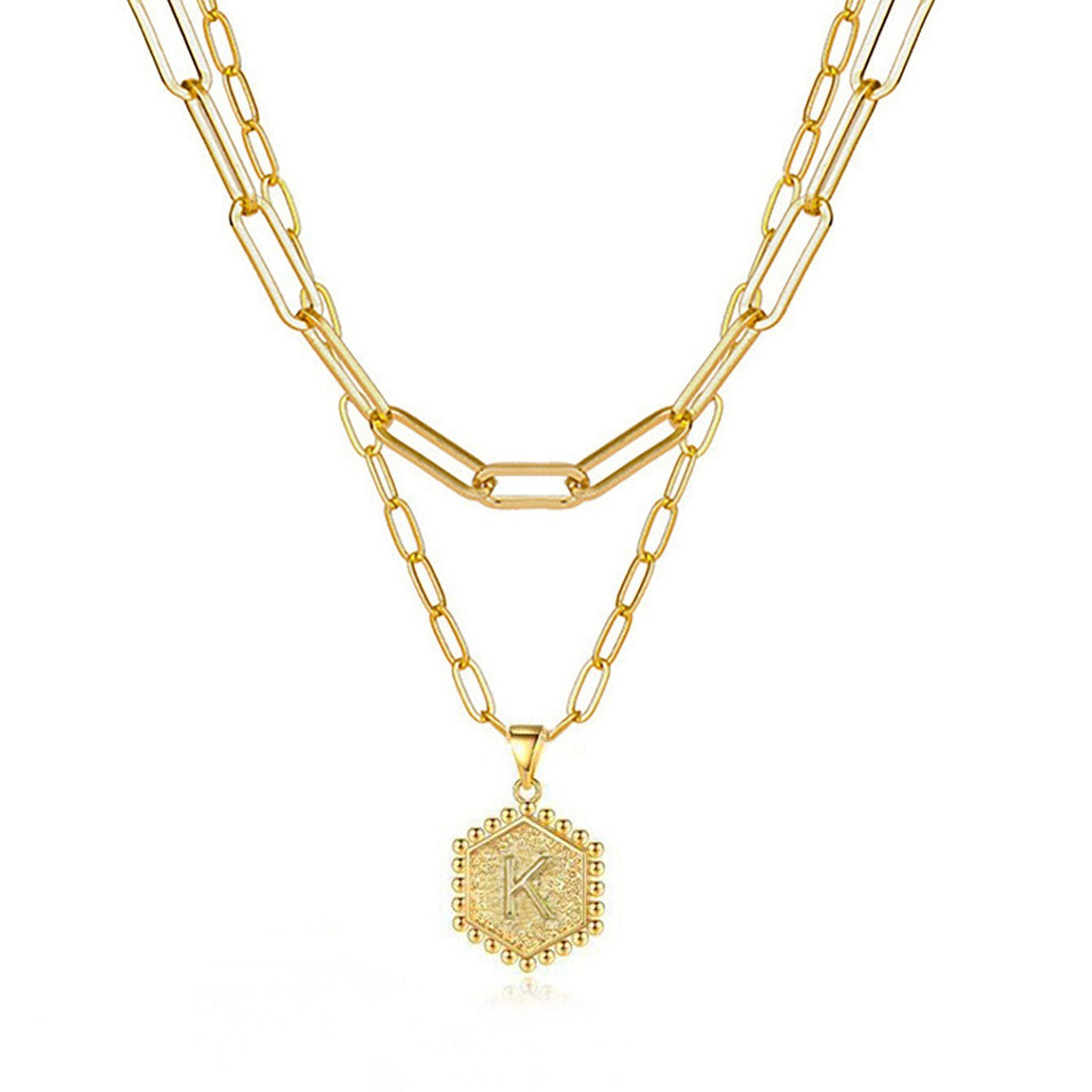Hexagon Initial Paperclip Layered Necklace