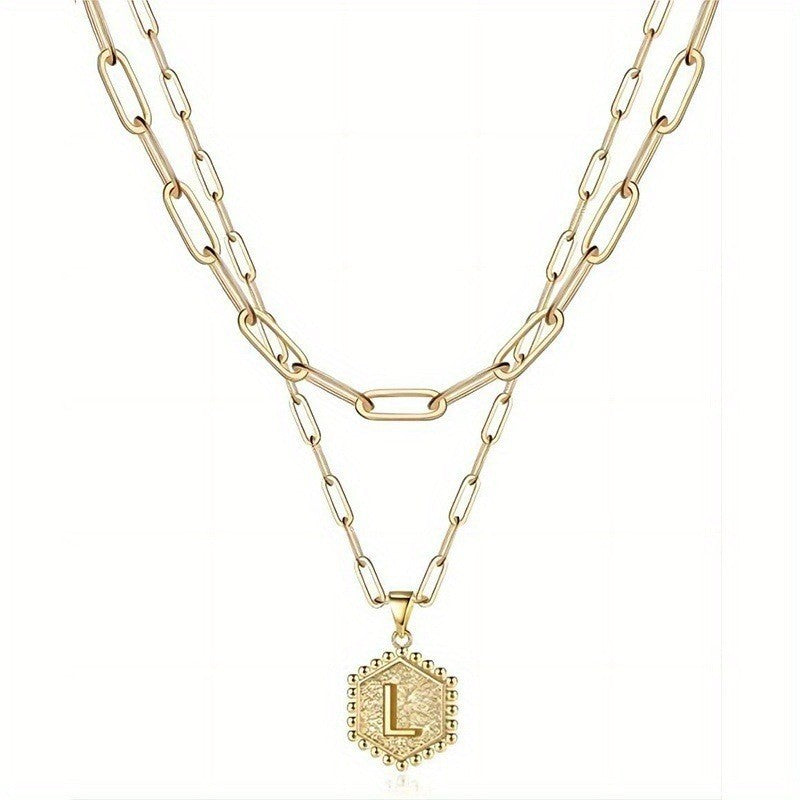 Hexagon Initial Paperclip Layered Necklace