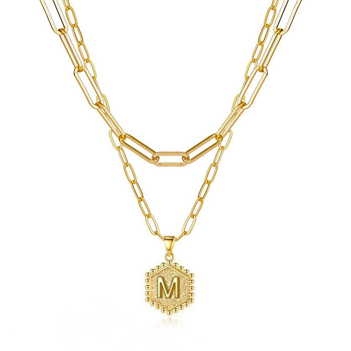 Hexagon Initial Paperclip Layered Necklace