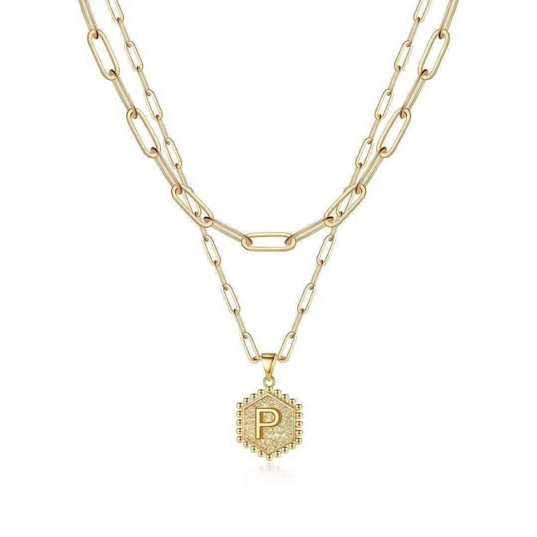 Hexagon Initial Paperclip Layered Necklace