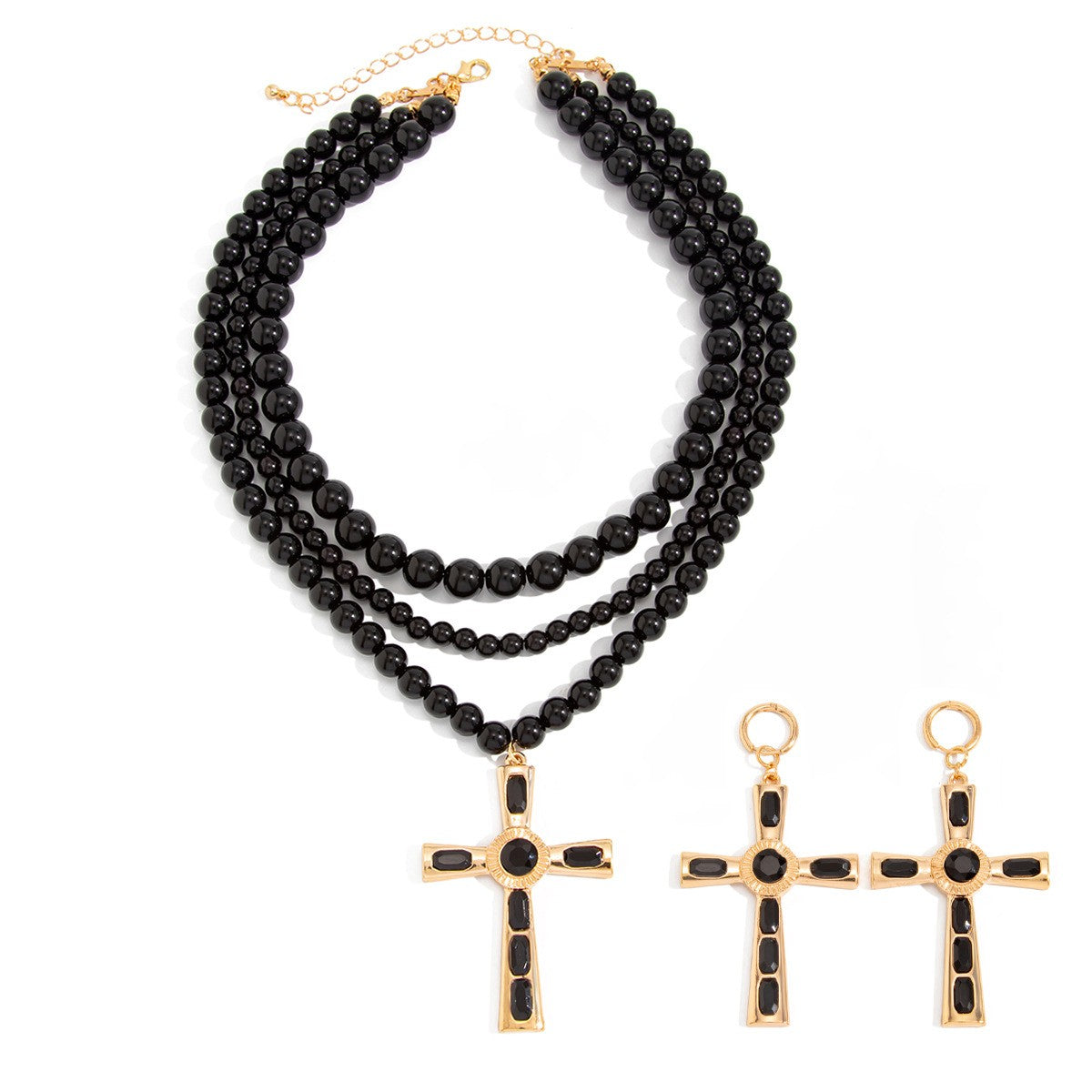 Layered Black Bead Cross Necklace Set