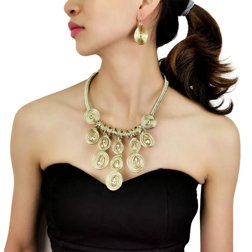 Gold Spiral Bib Necklace & Earring Set