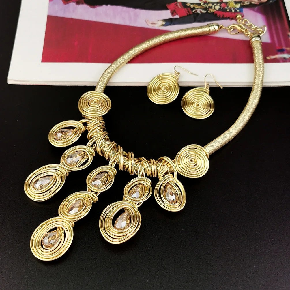 Gold Spiral Bib Necklace & Earring Set