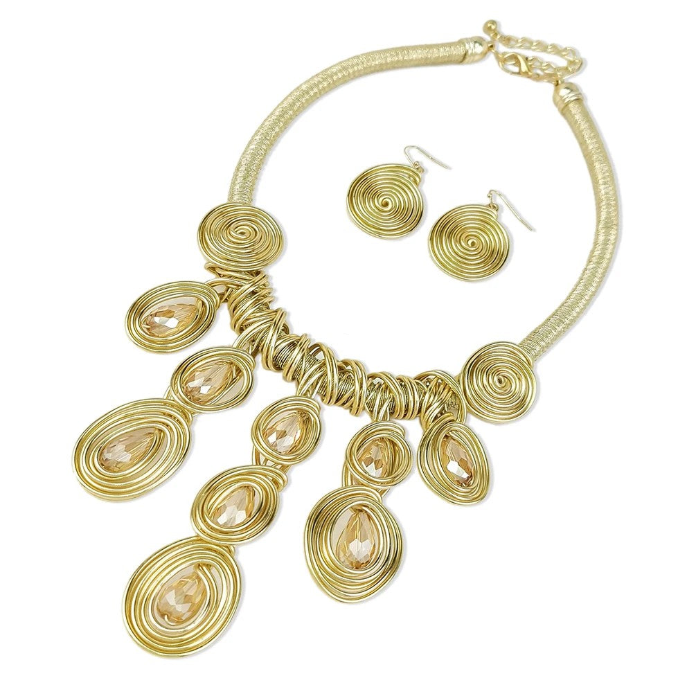 Gold Spiral Bib Necklace & Earring Set