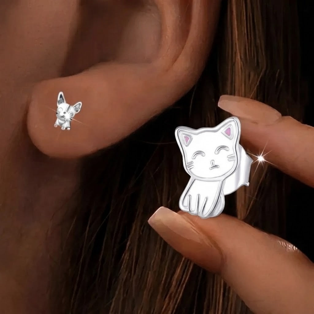 Pink Enamel Kitty Stud Earrings