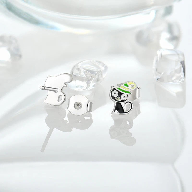 Enamel Witch Cat Stud Earrings