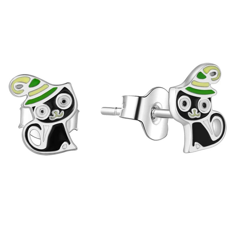 Enamel Witch Cat Stud Earrings