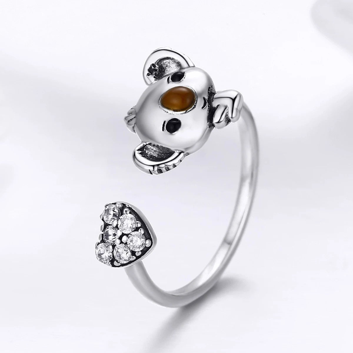Koala & Crystal Heart Open Ring
