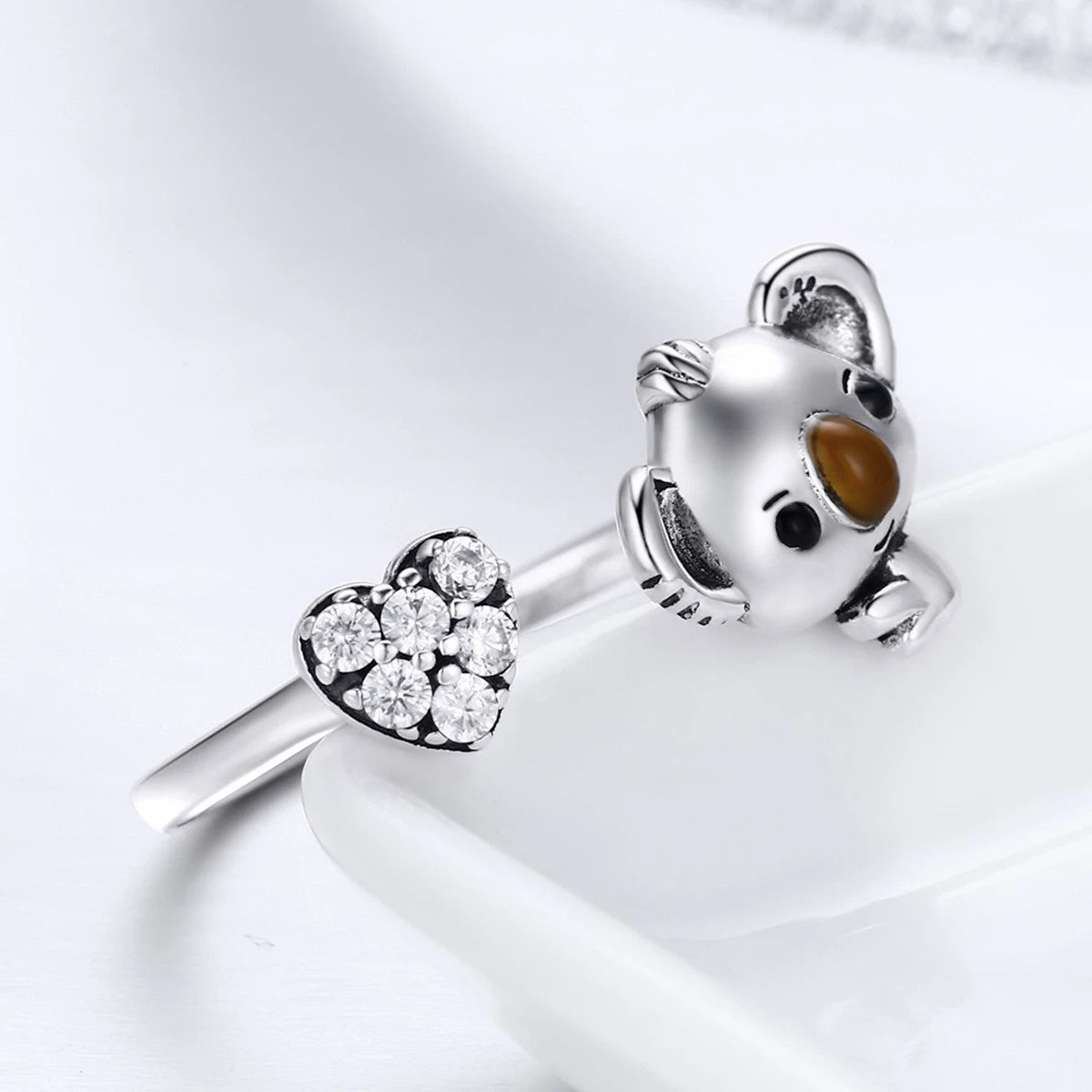 Koala & Crystal Heart Open Ring