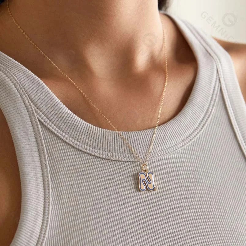 Wavy Blue Enamel Initial Necklace