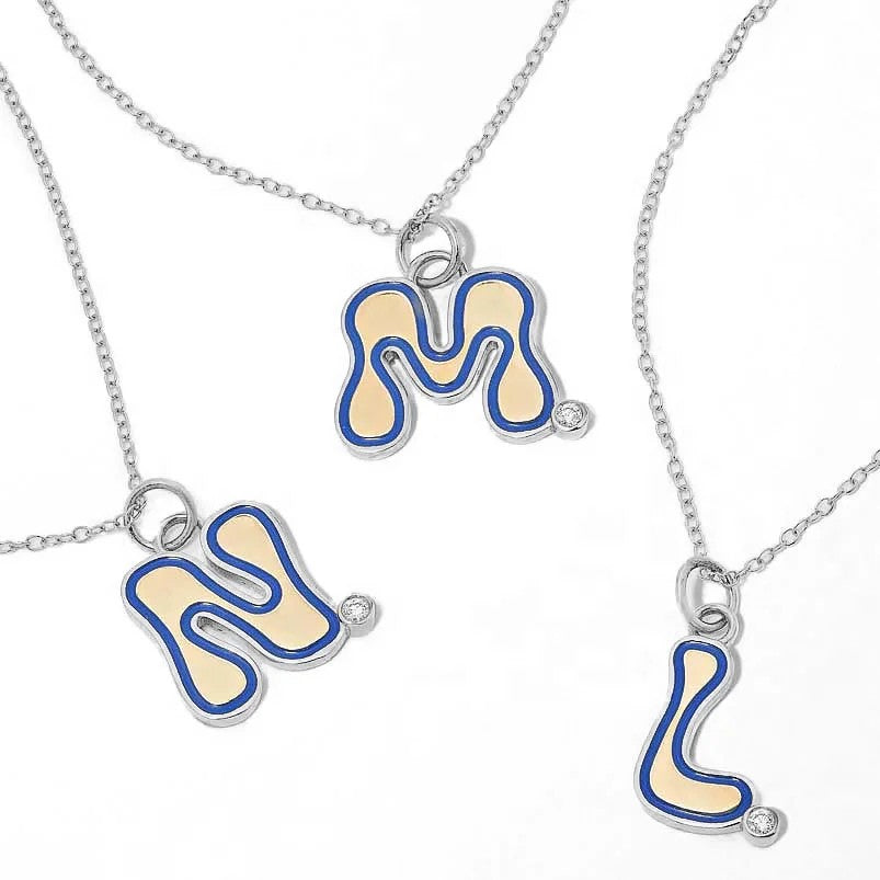 Wavy Blue Enamel Initial Necklace