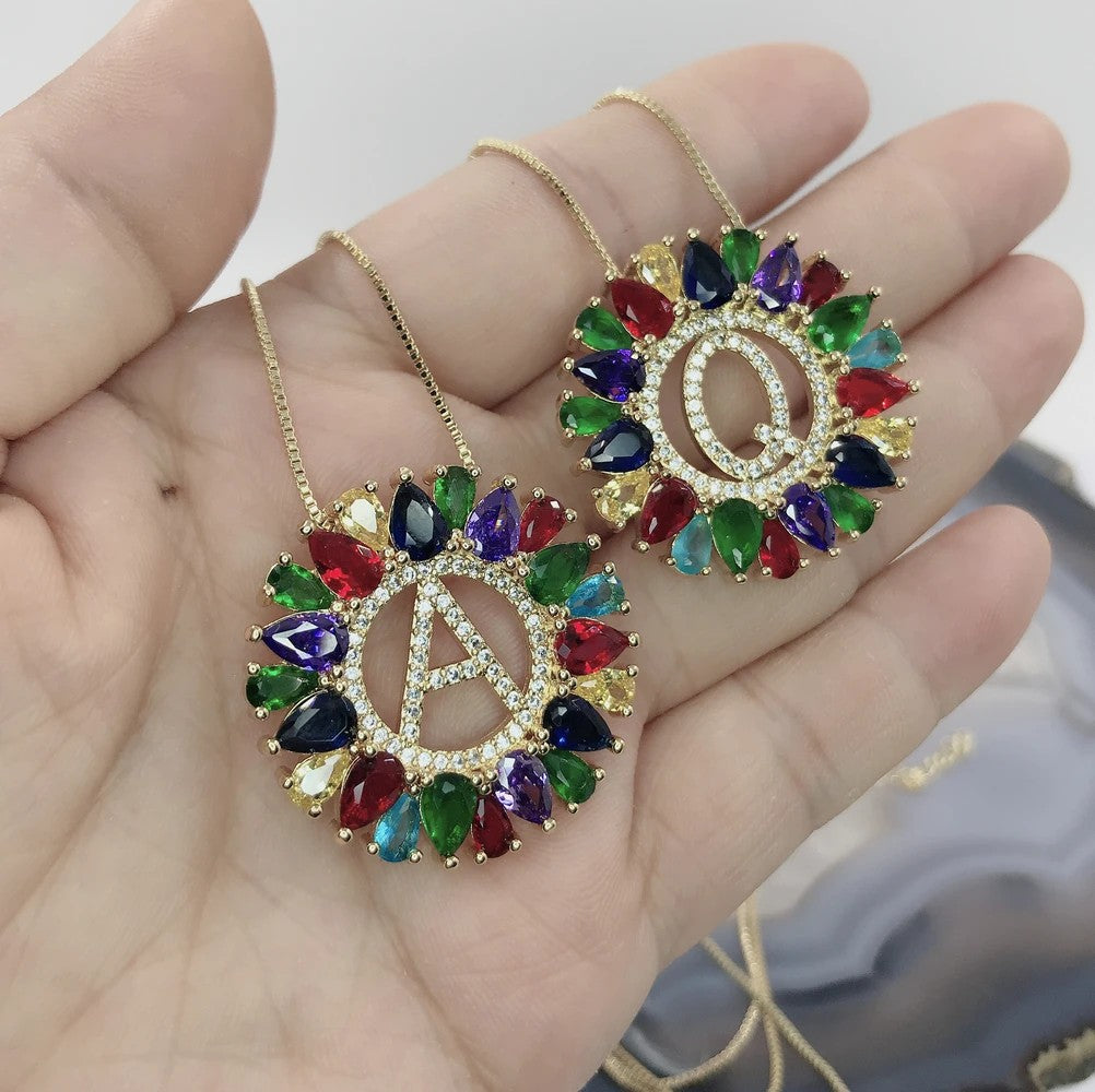 Multicolor Crystal Initial Sunburst Necklace