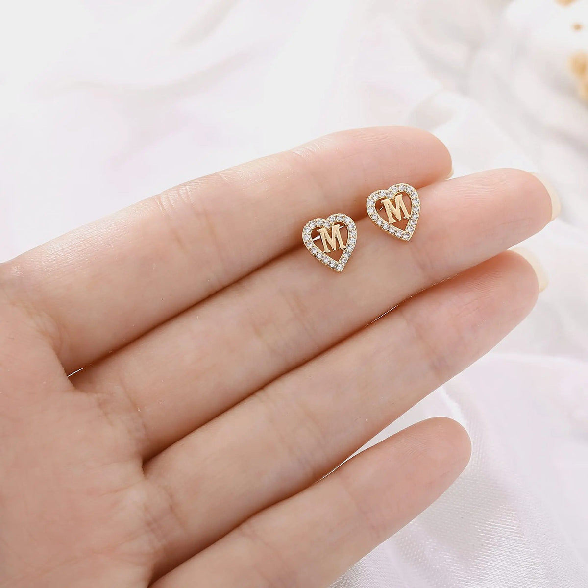 Crystal Initial Heart Stud Earrings